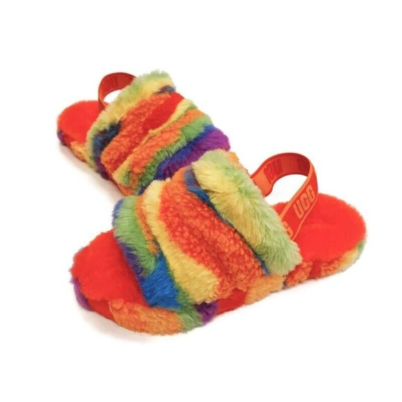 UGG Fluff Yeah Slide Cali Collage Backstrap Slippers Big Kids 4 Rainbow Stripes - Picture 4 of 8